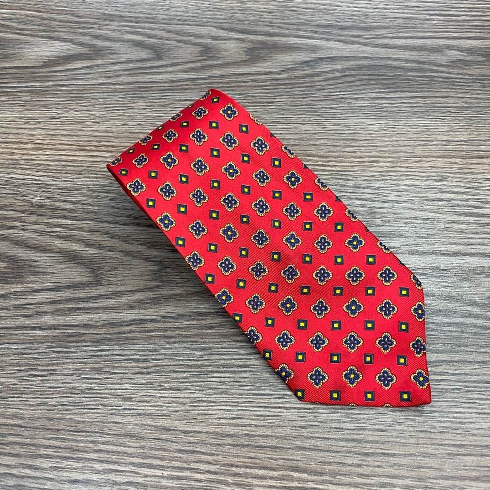 John Comfort Red w/ Navy & Gold Check Tie